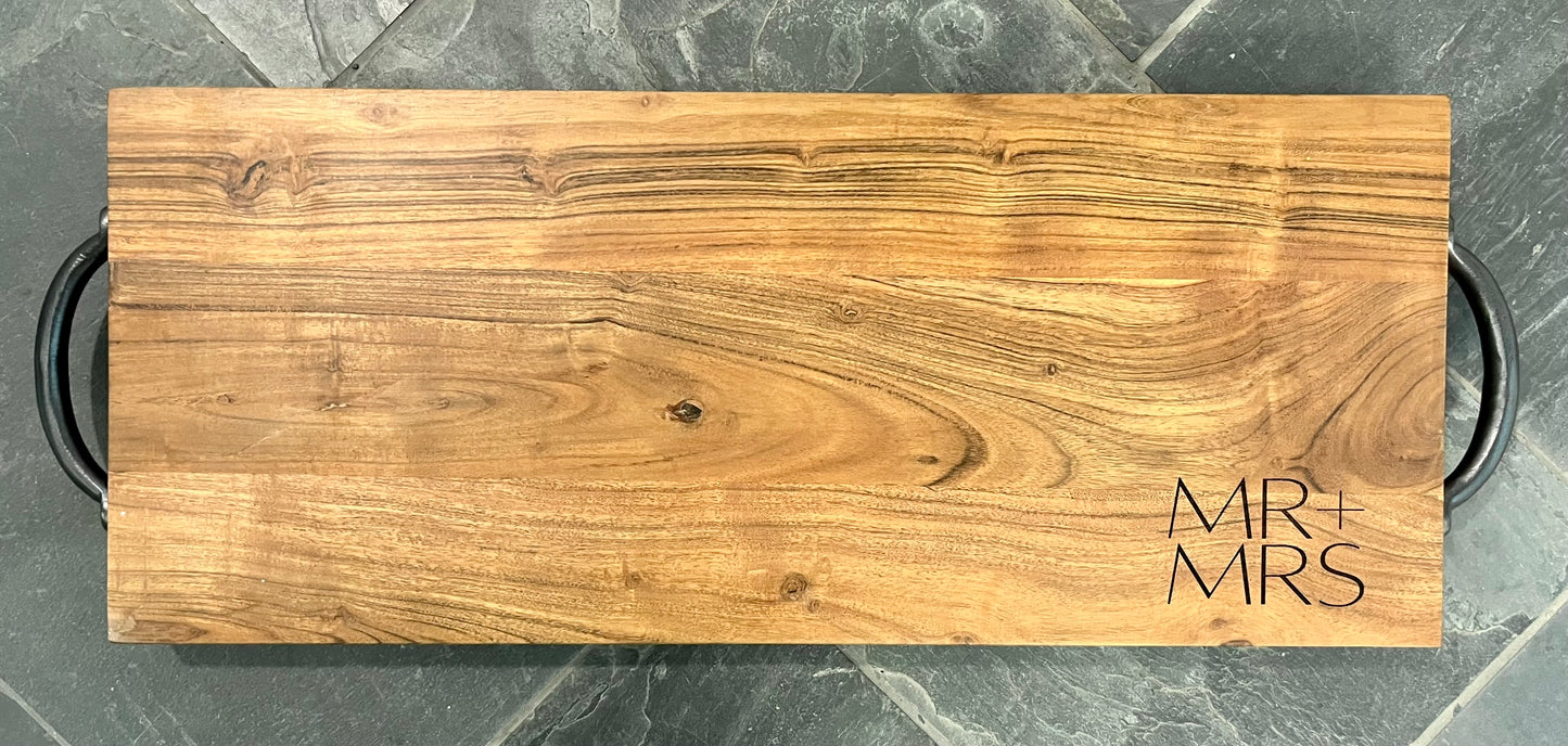 24” x 10” Acacia Wood Serving Board w/Black Metal Handles (27” including handles)