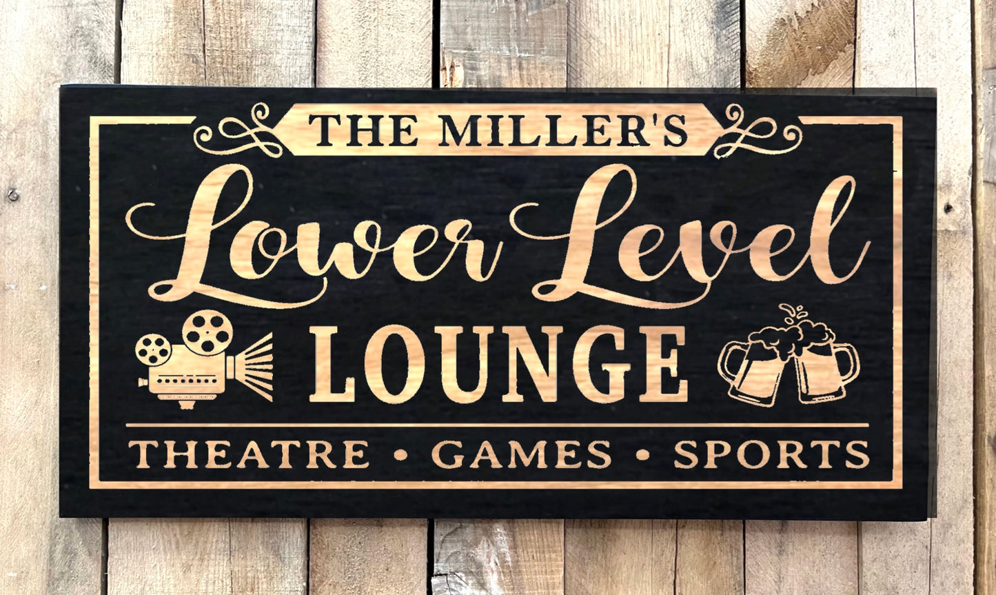 12” x 24” Black Wood Sign - Lower Level Lounge