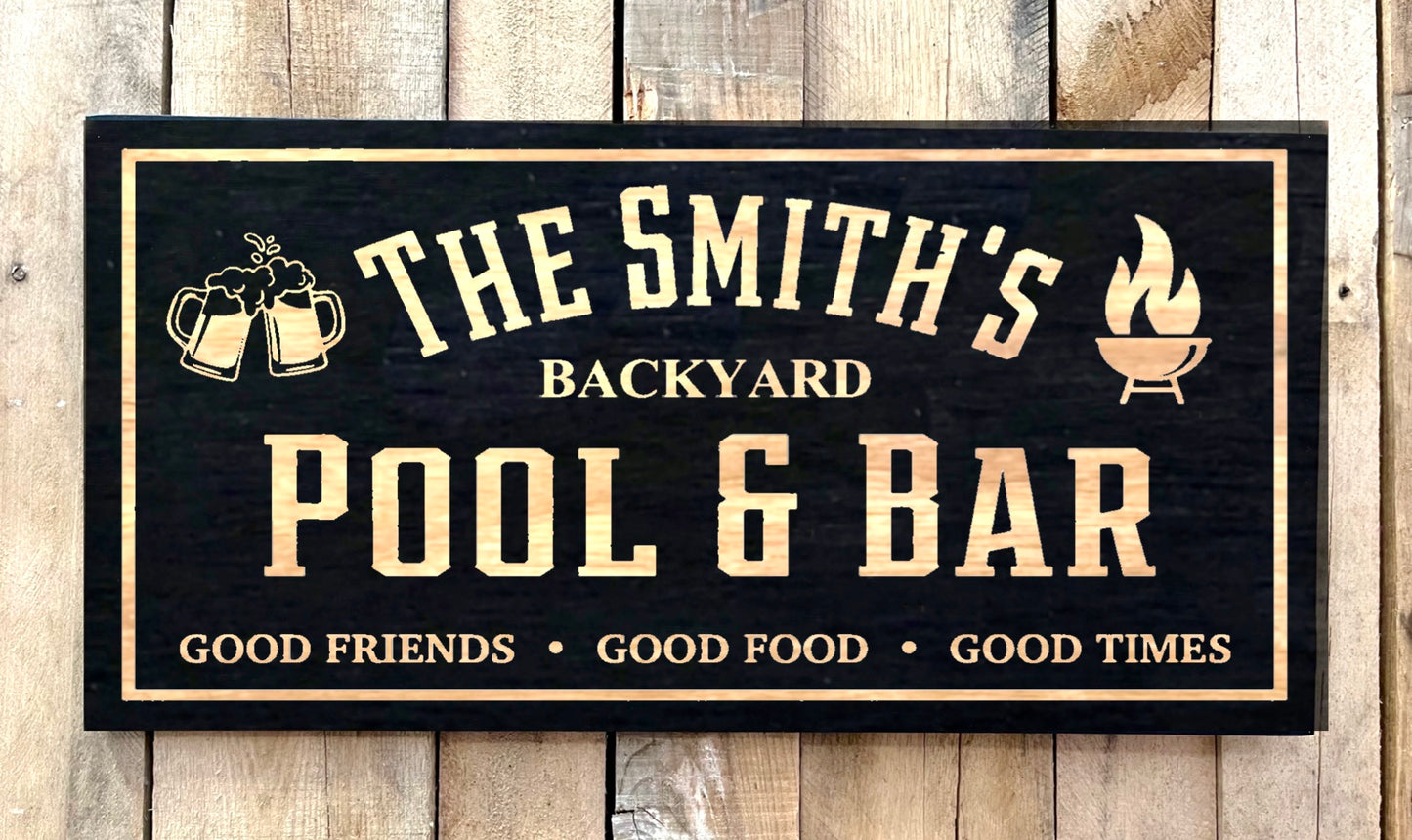 12” x 24” Black Wood Sign - Pool & Bar