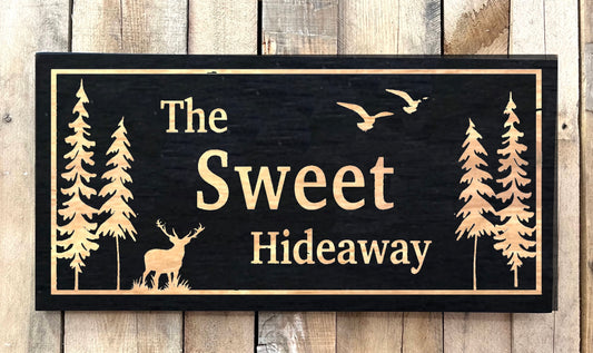 12” x 24” Black Wood Sign - Hideaway